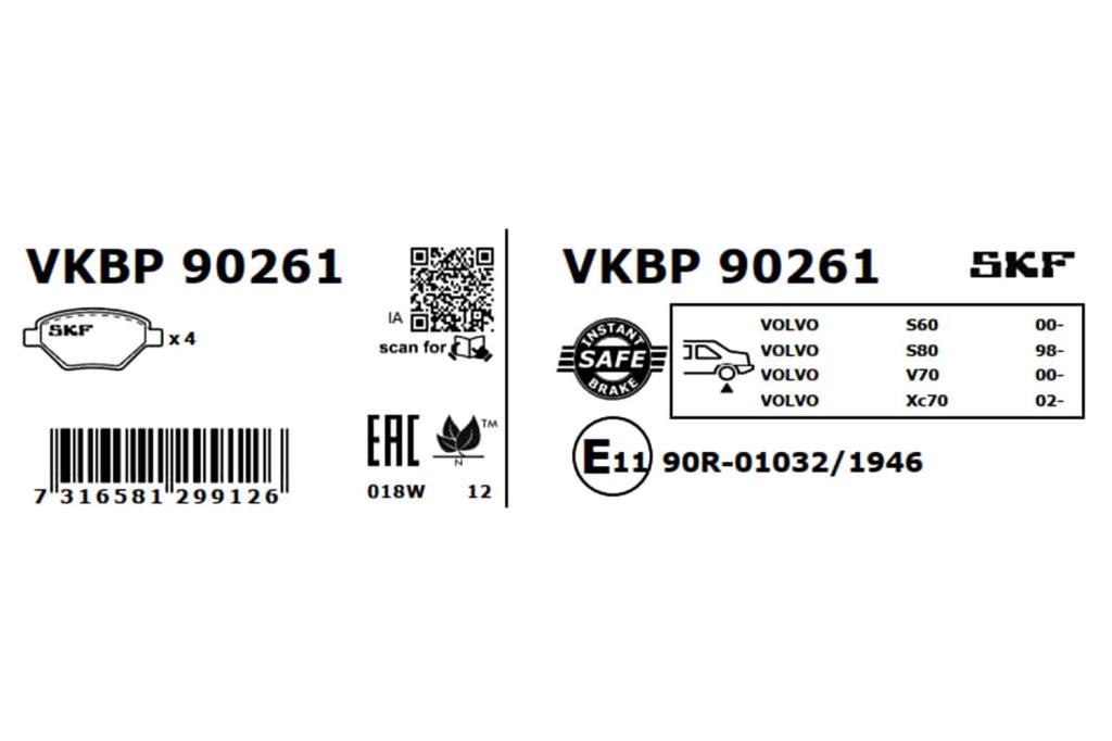 Jogo de 4 pastilhas de travão SKF ref. VKBP 90261